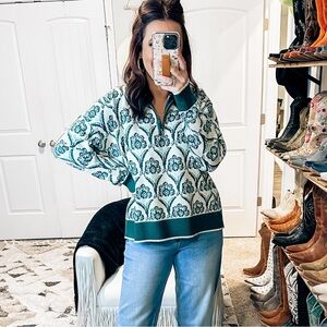Brand new Entro Teal- green and Cream Floral 1/4 zip Sweater